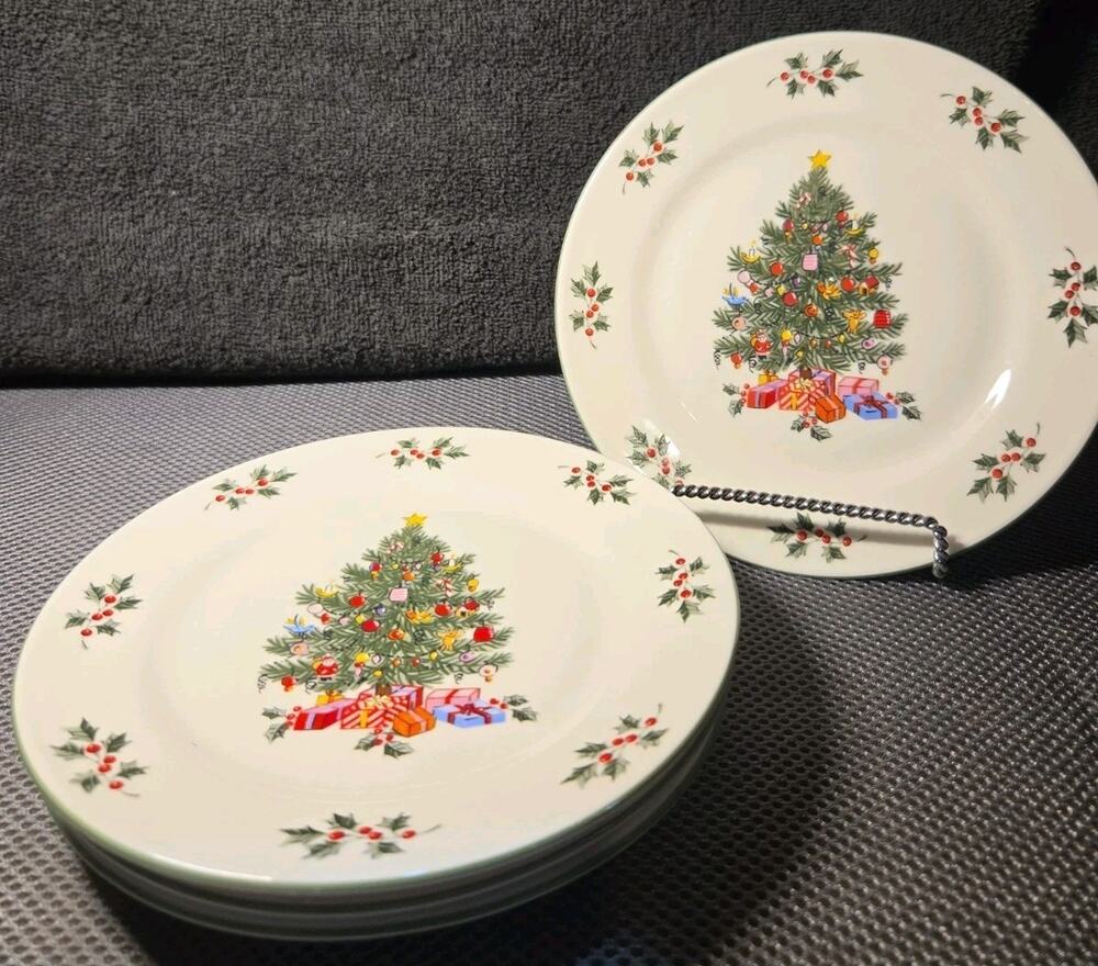Gibson 7 In Christmas Treee Dessert Plates Set Of 4 Noel Morning
